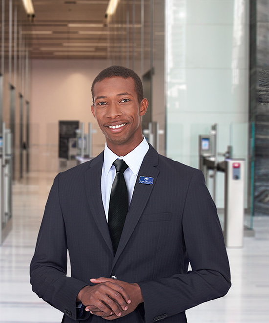 security officer in a large office lobby